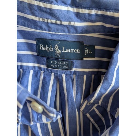 Vintage Ralph Lauren Men's Big Shirt Blue White Striped Cotton Button Down- M - Picture 4 of 6